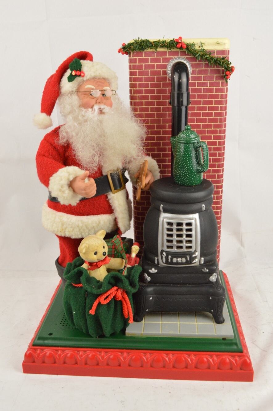Vintage 1994 Holiday Creations Santa Pot Belly Stove Animated Musical Light Up